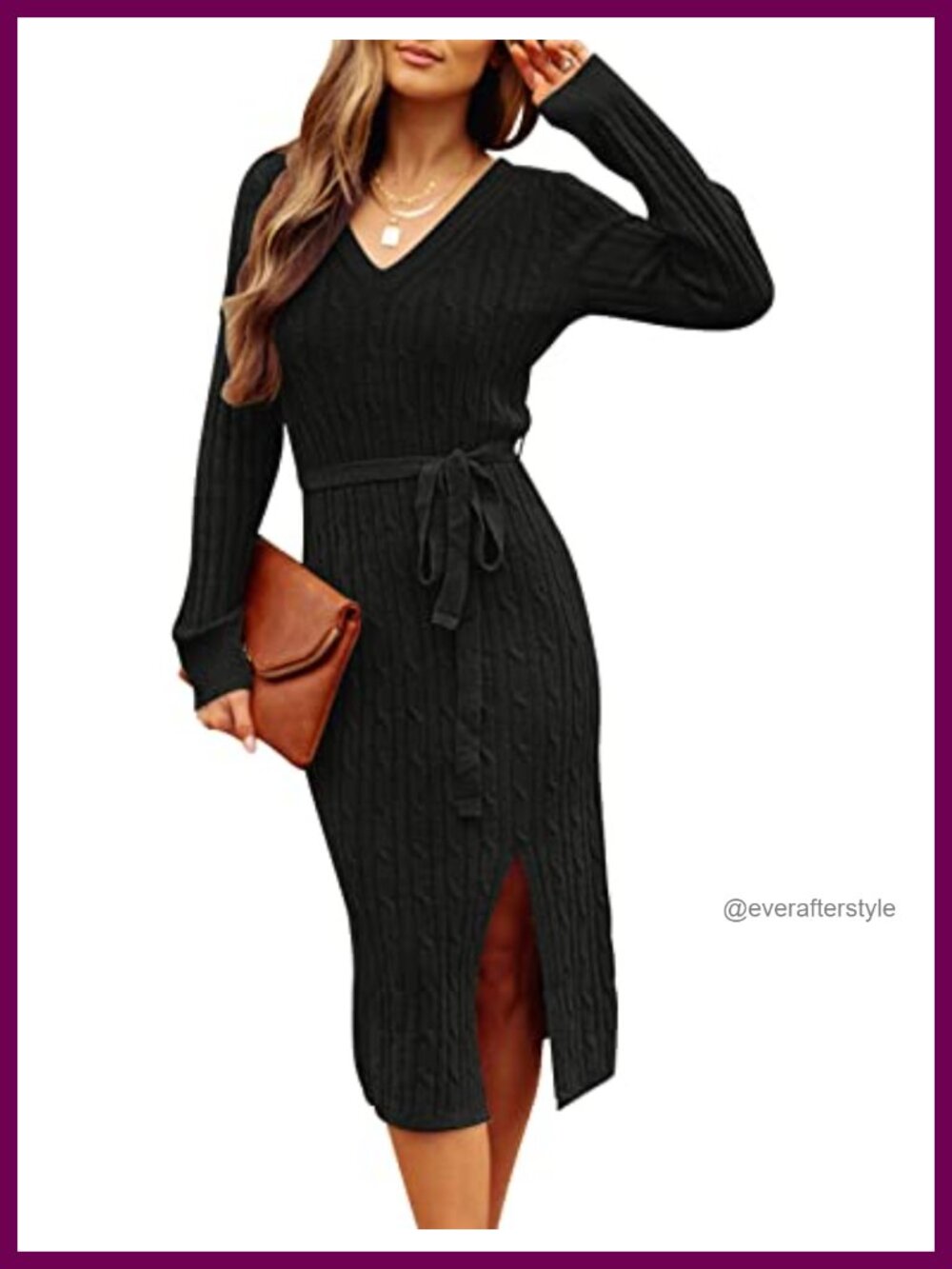 Womens Long Sleeve V Neck Cable Knit Midi Sweater Dress Belted